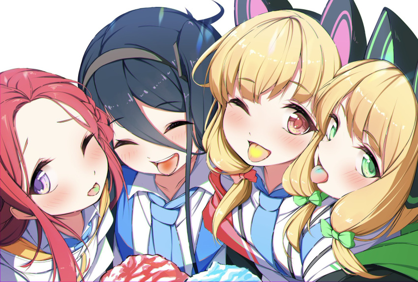 4girls animal_ear_headphones animal_ears aris_(blue_archive) black_hair blonde_hair blue_archive blue_necktie blush bow cat_ear_headphones closed_eyes colored_tongue commentary_request fake_animal_ears food forehead game_development_department_(blue_archive) green_bow green_eyes hair_between_eyes hair_bow hairband headphones highres jacket looking_at_viewer midori_(blue_archive) momoi_(blue_archive) multiple_girls necktie nojikorirakkusu one_eye_closed parted_bangs pink_bow purple_eyes red_eyes red_hair shaved_ice teeth tongue tongue_out upper_body upper_teeth_only white_jacket yuzu_(blue_archive)