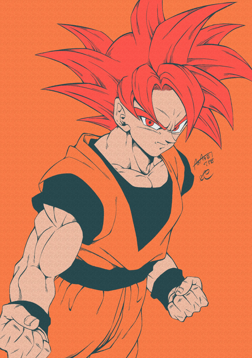 1boy absurdres artist_name biceps black_sash black_shirt black_wristband clenched_hands closed_mouth collarbone commentary_request dougi dragon_ball dragon_ball_super highres looking_at_viewer male_focus muscular muscular_male orange_background pectorals red_eyes red_hair sash serious seya_(asasei_718) shirt short_sleeves signature simple_background solo son_goku spiked_hair super_saiyan super_saiyan_god v-shaped_eyebrows wristband