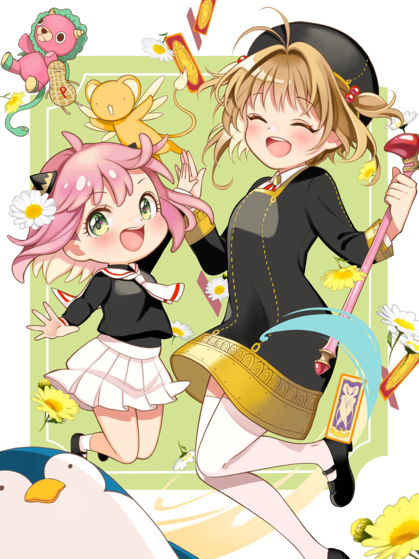 1girl 2girls antenna_hair anya_(spy_x_family) anya_(spy_x_family)_(cosplay) black_footwear black_headwear black_shirt brown_hair cardcaptor_sakura closed_eyes cosplay costume_switch eden_academy_school_uniform female_child flower green_eyes hair_flower hair_ornament high_heels highres holding kero kinomoto_sakura long_sleeves momo-tako multiple_girls necktie open_mouth pink_hair school_uniform shirt skirt spy_x_family thighhighs tomoeda_elementary_school_uniform upper_body white_necktie white_skirt white_thighhighs