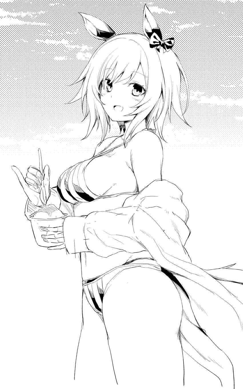 1girl absurdres animal_ears bare_shoulders bikini breasts cloud commentary_request cup curren_chan_(umamusume) day disposable_cup ear_bow fang food greyscale highres holding holding_cup holding_spoon horse_ears horse_girl horse_tail jacket large_breasts long_sleeves monochrome mukouhara_shiryuu off_shoulder open_clothes open_jacket outdoors screentones shaka_sign shaved_ice sky sleeves_past_wrists solo spoon striped striped_bikini swimsuit tail umamusume vertical-striped_bikini vertical_stripes