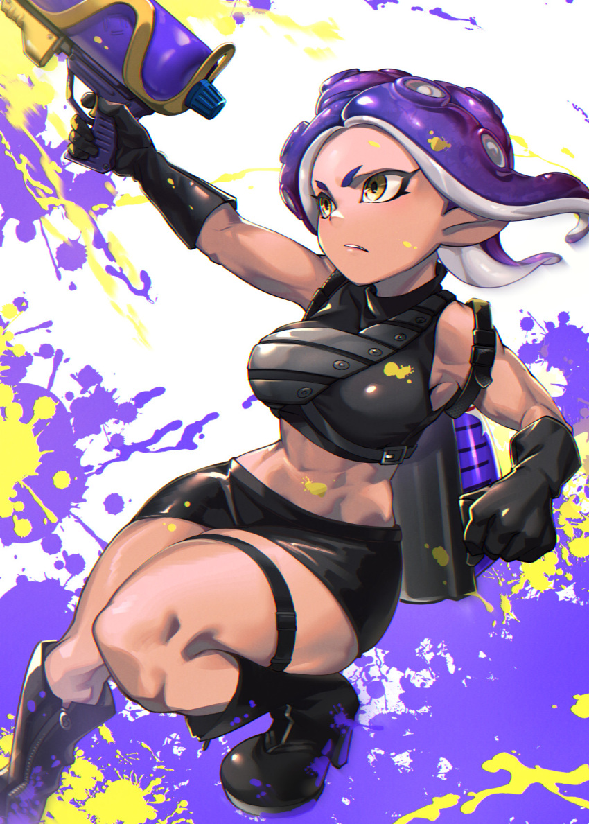 2022 animal_humanoid boots bottomwear breasts cephalopod cephalopod_humanoid clothed clothing female footwear gloves handwear hi_res humanoid light_body light_skin marine marine_humanoid midriff mikel_(4hands) mollusk mollusk_humanoid nintendo octarian octoling pseudo_hair shorts solo splatoon tentacle_hair tentacles toy toy_gun water_gun yellow_eyes