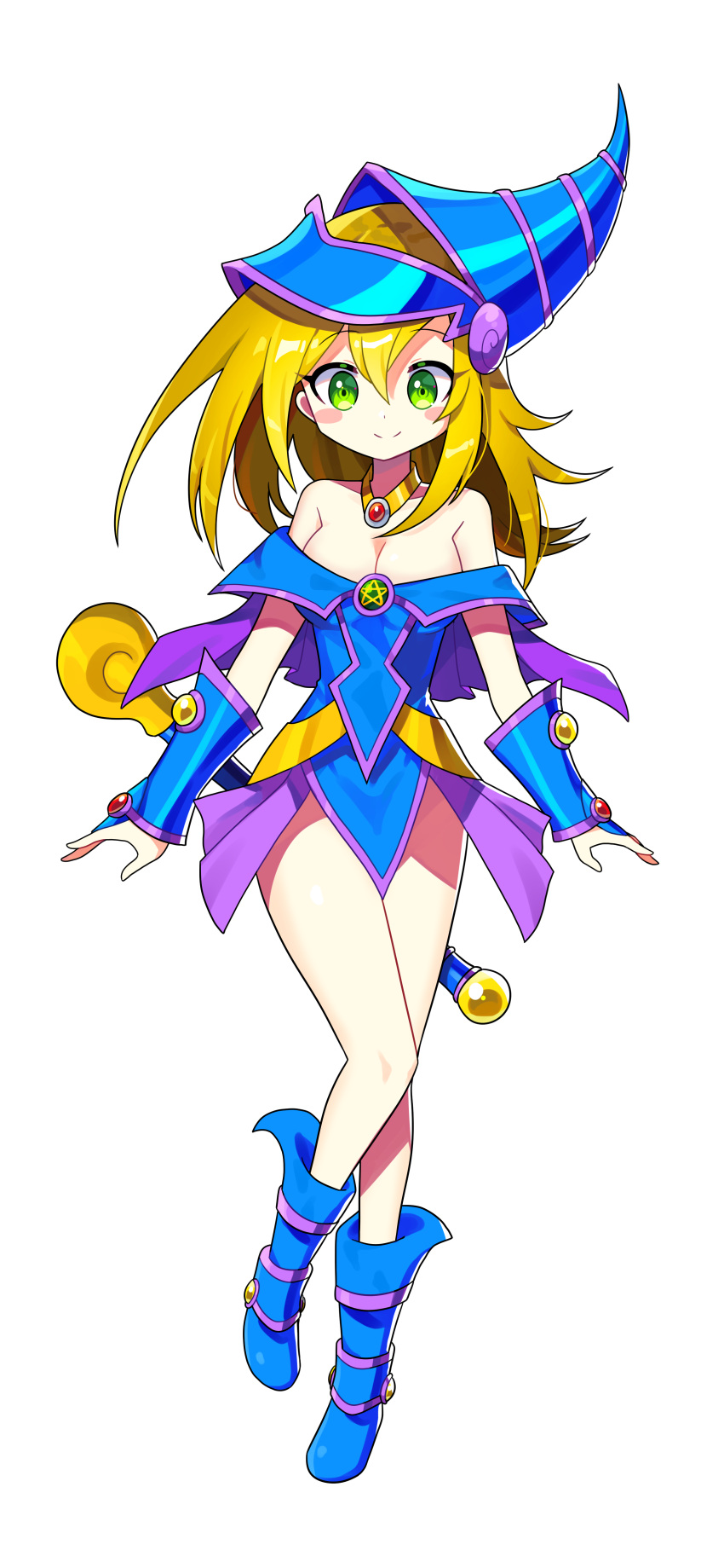 1girl absurdres bare_legs bare_shoulders blonde_hair blue_footwear blush bracer breasts cleavage closed_mouth commission dark_magician_girl duel_monster full_body green_eyes hair_between_eyes hat highres long_hair medium_breasts offbeat pixiv_commission smile solo transparent_background yu-gi-oh!