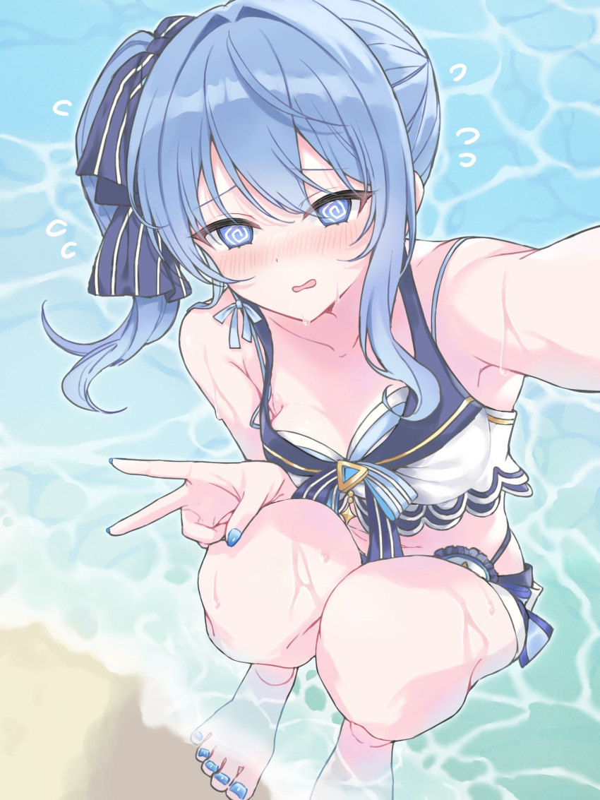 1girl @_@ arm_up armpit_crease barefoot beach bikini blue_bikini blue_eyes blue_hair blue_nails blue_ribbon blush breasts collarbone commentary_request day dutch_angle eyelashes feet foot_out_of_frame frilled_bikini frills gold_trim hair_ribbon hand_on_own_knee highres holding hololive hololive_summer_2023_swimsuit hoshimachi_suisei kohaku_(csacu) long_hair looking_at_viewer nail_polish navel open_mouth outdoors ribbon selfie shadow side_ponytail sidelocks small_breasts smile solo squatting star_(symbol) star_in_eye swimsuit symbol_in_eye thighs toenail_polish toenails toes two-tone_bikini v virtual_youtuber wading water wet white_bikini