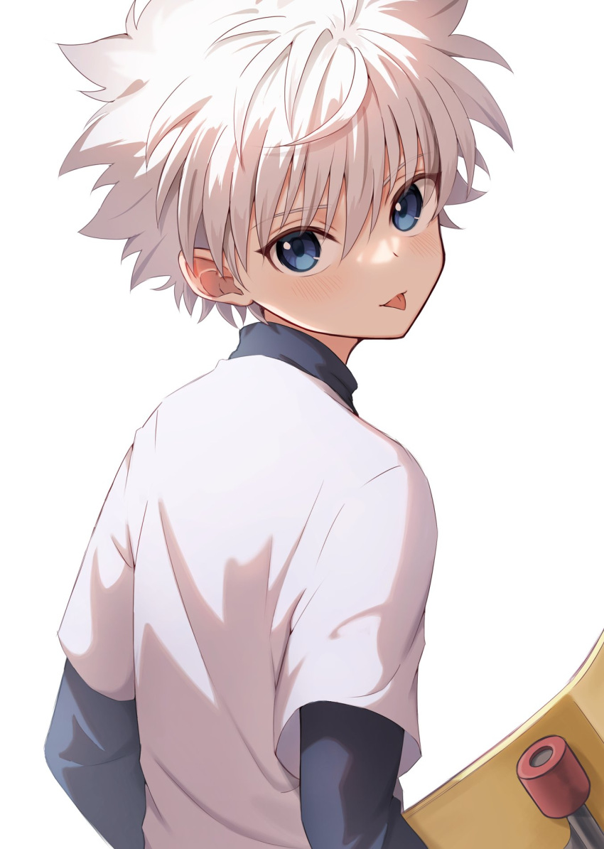 1boy :p blue_eyes blush highres holding holding_skateboard hunter_x_hunter killua_zoldyck layered_sleeves long_sleeves looking_at_viewer male_child male_focus shirt short_hair short_over_long_sleeves short_sleeves simple_background skateboard spiked_hair tongue tongue_out usami_(usami_l) white_hair white_shirt