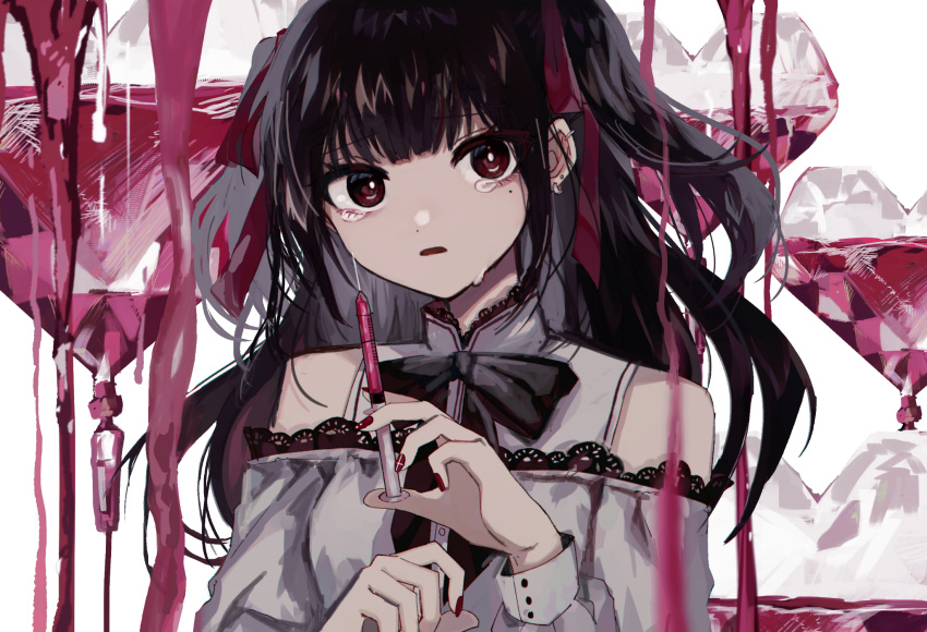 1girl bare_shoulders black_bow black_bowtie black_hair blurry blurry_foreground bow bowtie brown_bow commentary_request danjou_sora depth_of_field dress ear_piercing earrings fingernails hair_ribbon hands_up heart highres holding holding_syringe intravenous_drip jewelry lace lace-trimmed_dress lace_trim long_hair looking_at_viewer mole mole_under_eye nail_polish off-shoulder_dress off_shoulder original parted_lips piercing red_eyes red_nails red_ribbon revision ribbon shirt sleeveless sleeveless_shirt solo syringe tears two_side_up white_background white_dress white_shirt