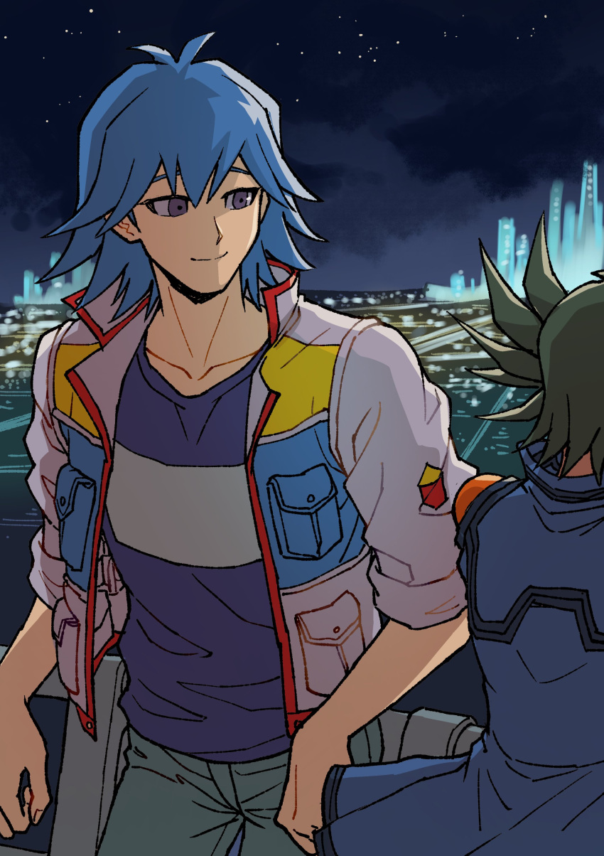2boys absurdres against_railing black_hair blue_hair blue_jacket blue_shirt city cityscape facing_away high_collar highres jacket leaning looking_at_another looking_to_the_side male_focus multiple_boys night night_sky open_clothes open_jacket pants purple_eyes railing shirt short_hair shoulder_pads sky skyline sleeves_rolled_up smile spiked_hair standing star_(sky) t-shirt white_jacket youko-shima yu-gi-oh! yu-gi-oh!_5d's