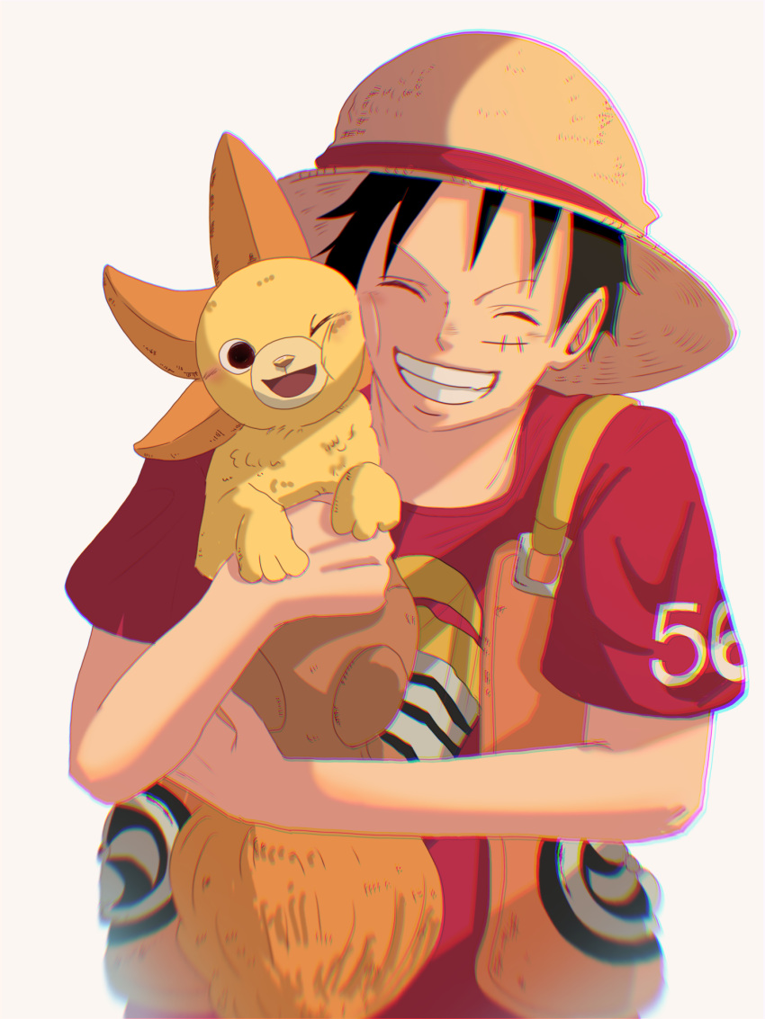 1boy alternate_form black_hair clenched_teeth closed_eyes commentary_request hat highres male_focus monkey_d._luffy one_eye_closed one_piece one_piece_film:_red open_mouth scar scar_on_cheek scar_on_face short_hair short_sleeves simple_background smile solo straw_hat suzu_(suzuran_piece) teeth thousand_sunny white_background