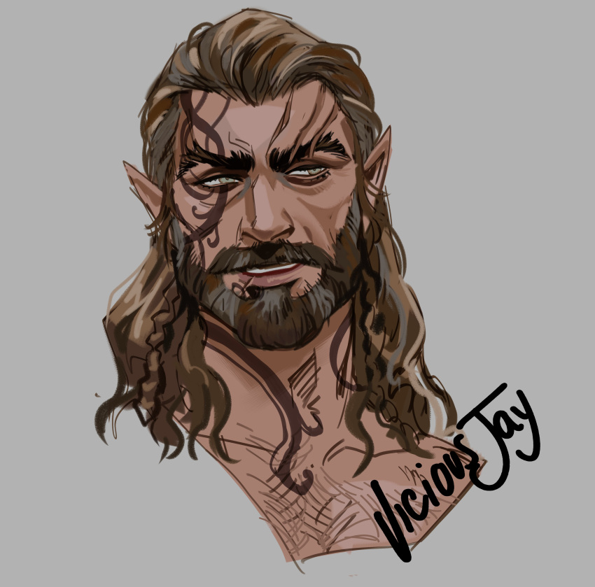 1boy absurdres alternate_facial_hair baldur's_gate baldur's_gate_3 bara beard brown_hair chest_hair cropped_head dark-skinned_male dark_skin dungeons_and_dragons facial_hair halsin highres huge_eyebrows long_hair male_focus mature_male nude pointy_ears sideways_glance solo thick_eyebrows thick_mustache viciousjay