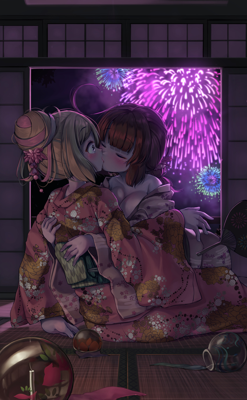 2girls absurdres arm_support backlighting blonde_hair blunt_bangs blush breasts brown_hair closed_eyes face-to-face facing_another fireworks floral_print hair_bun highres hug indoors japanese_clothes kimono kiss leaning_back leaning_forward long_sleeves looking_at_another multicolored_hair multiple_girls night night_sky original pink_hair print_kimono single_hair_bun sitting sky surprised tatami two-tone_hair wanashi_tam yuri