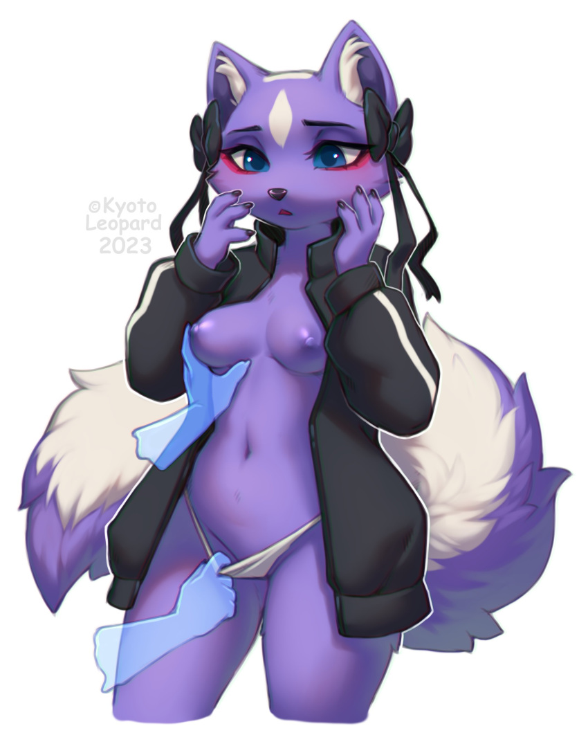 absurd_res aggretsuko anthro blue_eyes breasts clothed clothing clothing_pull disembodied_hand ear_bow female fluffy fluffy_tail fur hi_res inner_ear_fluff jacket kyotoleopard makeup mammal mephitid nipples open_clothing open_jacket open_topwear panties panty_pull purple_body purple_fur sanrio shikabane_(aggretsuko) skunk solo tail topwear tuft underwear underwear_pull undressing_another
