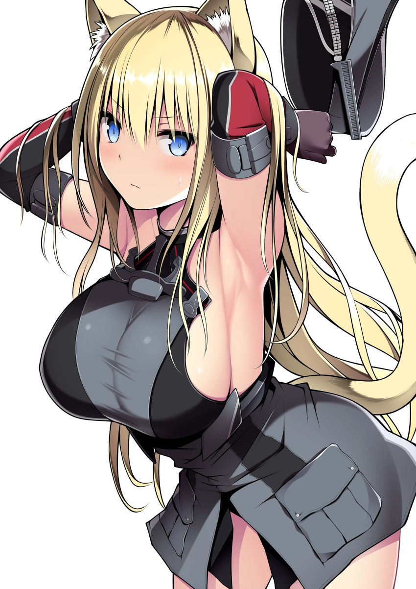 1girl absurdres animal_ear_fluff animal_ears armpits bare_shoulders bismarck_(kancolle) blonde_hair blue_eyes blush breasts brown_gloves cat_ears cat_girl cat_tail closed_mouth commentary_request cowboy_shot detached_sleeves gloves grey_headwear hair_between_eyes hat hat_removed headwear_removed highres holding holding_clothes holding_hat kantai_collection kuromayu large_breasts long_hair looking_at_viewer military military_hat military_uniform peaked_cap sideboob simple_background solo tail uniform white_background