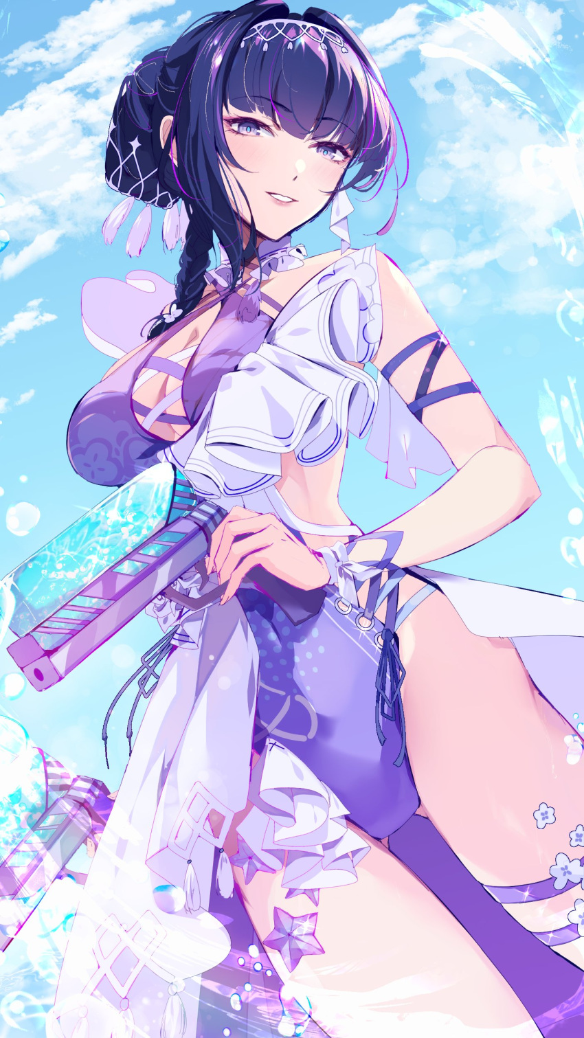 1girl absurdres aer007580 breasts cleavage cloud commentary day from_below highres holding holding_water_gun honkai_(series) honkai_impact_3rd large_breasts official_alternate_costume one-piece_swimsuit purple_eyes purple_hair raiden_mei raiden_mei_(herrscher_of_origin) smile solo swimsuit water_gun