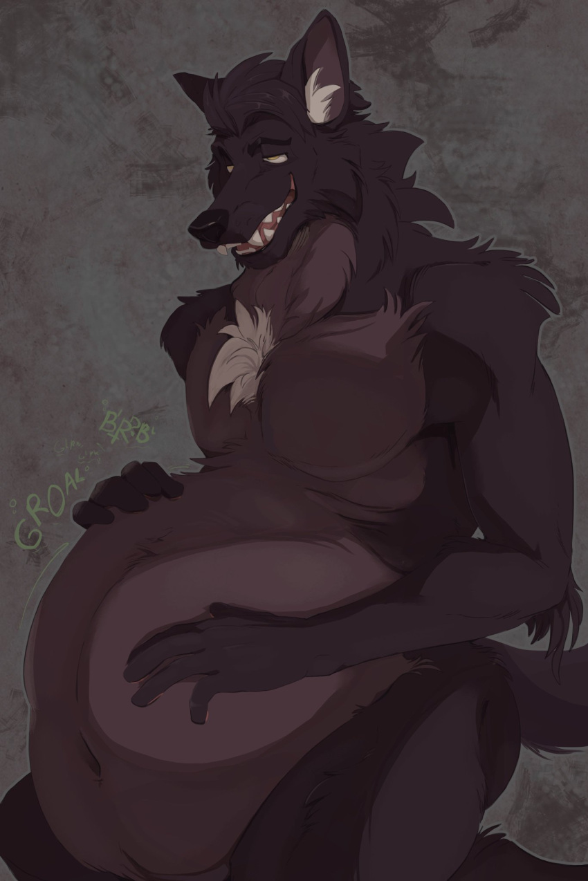 anthro belly big_belly canid canine canis digestion digital_media_(artwork) domestic_dog fur hi_res husky hybrid male mammal nordic_sled_dog nude oral_vore simple_background solo spitz unknown_artist videlthewusky vore wolf wolfdog