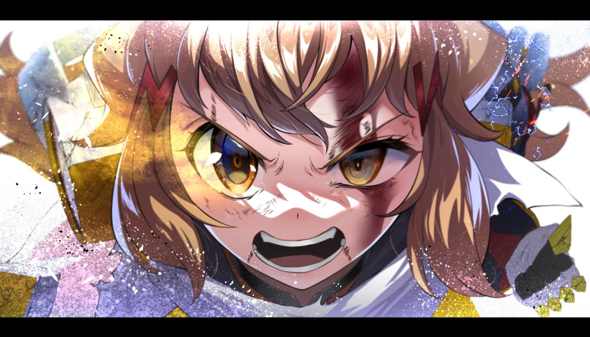 1girl armored_gloves blood blood_on_face brown_hair bruise bruise_on_face hair_ornament headphones highres injury lightning_bolt_hair_ornament lightning_bolt_symbol messy mismatched_pupils nyanmaru open_mouth orange_eyes scarf senki_zesshou_symphogear sidelocks solo_focus tachibana_hibiki_(symphogear) teeth white_scarf