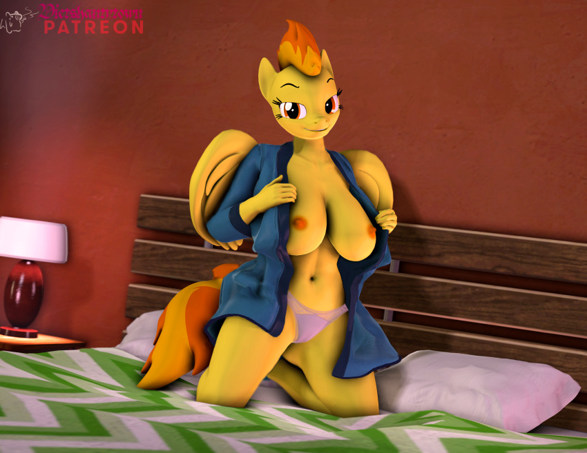 3d_(artwork) 5_fingers absurd_res anthro anthrofied areola bed big_breasts breasts clothing dietshantytown digital_media_(artwork) equid equine eyelashes feathered_wings feathers female fingers friendship_is_magic furniture hair hasbro hi_res kneeling lamp mammal my_little_pony navel nipples orange_areola orange_eyes orange_hair orange_nipples orange_tail panties patreon pegasus pillow signature solo source_filmmaker spitfire_(mlp) tail underwear wings wonderbolts_(mlp) yellow_body yellow_feathers yellow_skin