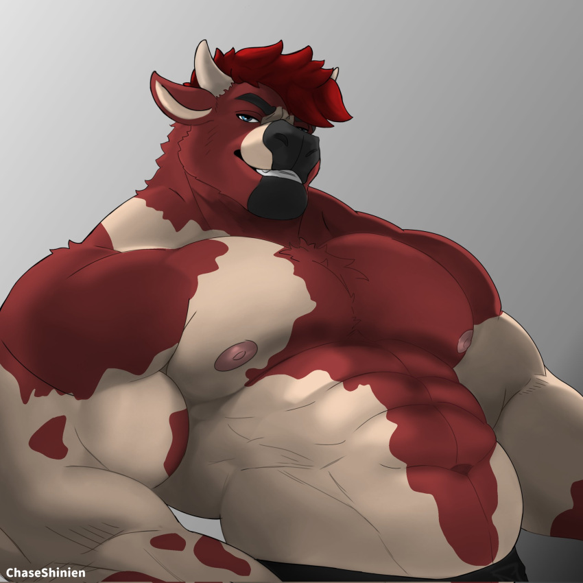 abs anthro arched_back athletic biceps big_arms big_biceps blue_eyes body_hair body_tuft bottomwear bovid bovine cattle chase_shinien chest_hair chest_tuft clothing eyebrows fur gradient_background grey_background hair hi_res horn looking_at_viewer male mammal multicolored_body nipples pecs pink_nipples red_body red_fur red_hair serratus simple_background smile solo spots tan_body tan_fur teeth tuft username watermark