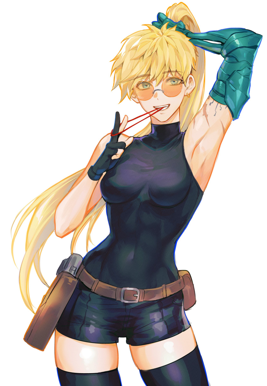 1girl absurdres arm_up armpits belt_pouch black_gloves black_shorts black_thighhighs blonde_hair blue_eyes breasts covered_navel cowboy_shot earrings genderswap genderswap_(mtf) glasses gloves grin gun hair_tie hair_tie_in_mouth handgun highres holding holding_hair holstered jewelry long_hair looking_at_viewer mole mole_under_eye mouth_hold no_coat orange-tinted_eyewear partially_fingerless_gloves ponytail pouch prosthesis prosthetic_arm raku7560 scar scar_on_arm scar_on_shoulders shirt shorts simple_background single_earring single_glove skin_tight skindentation sleeveless sleeveless_turtleneck smile solo sunglasses thighhighs tight_clothes tight_shirt tinted_eyewear toned trigun trigun_stampede turtleneck tying_hair vash_the_stampede weapon white_background