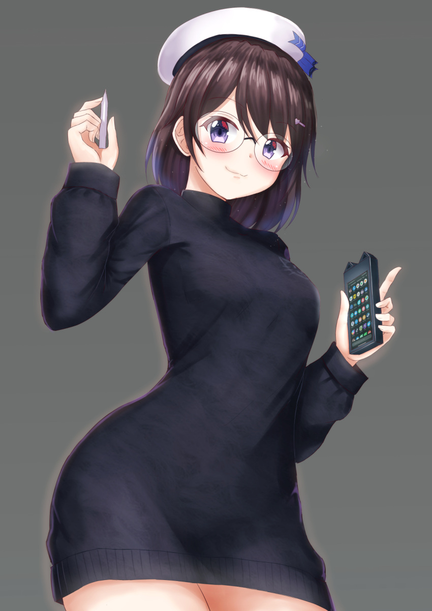 1girl beret black_sweater blush breasts brown_hair cellphone closed_mouth commentary_request commission glasses grey_background hair_ornament hairclip hands_up hat heart heart_hair_ornament highres holding holding_phone long_sleeves looking_at_viewer medium_breasts original phone prophosphere puffy_long_sleeves puffy_sleeves purple_eyes simple_background smile solo sweater white_headwear