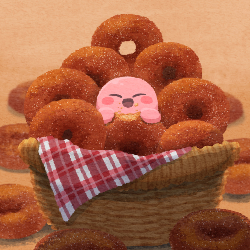 basket blush_stickers closed_eyes doughnut food food_bite food_focus food_on_face happy highres kirby kirby_(series) miclot no_humans open_mouth smile sugar_(food)