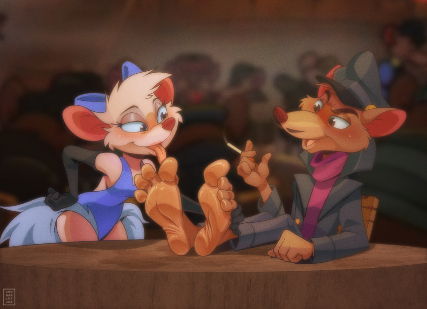 3rdharleyjoe anthro basil_(disney) cigarette disney duo feet female hi_res male mammal miss_kitty_mouse mouse murid murine rodent the_great_mouse_detective