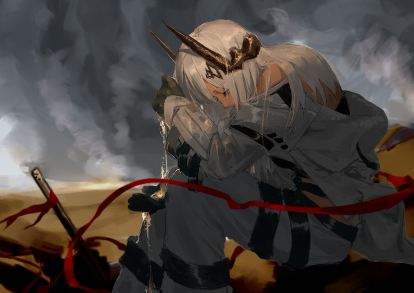 1girl absurdres arknights bare_shoulders black_gloves closed_eyes cloud cloudy_sky demon_horns gloves highres horns jumpsuit long_hair long_sleeves mudrock_(arknights) open_jumpsuit oripathy_lesion_(arknights) outdoors painting_(medium) pants sitting sky solo traditional_media vaticancameos_c white_hair white_jumpsuit white_pants