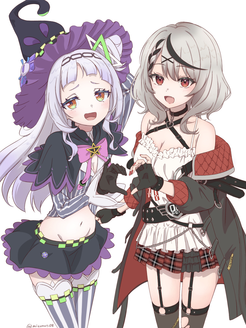 2girls absurdres belt black_belt black_collar black_garter_straps black_gloves black_hair black_jacket black_thighhighs blunt_bangs braid breasts cleavage collar cropped_shirt fingerless_gloves garter_straps gloves green_eyes grey_hair grey_skirt hair_bun hair_ornament hairpin heart heart_hands heart_hands_duo highres hololive jacket kiuda_shinjou large_breasts long_hair looking_at_viewer medium_hair multicolored_hair multiple_girls murasaki_shion murasaki_shion_(1st_costume) nail_polish navel open_mouth red_eyes red_jacket red_nails red_skirt sakamata_chloe sakamata_chloe_(1st_costume) shirt sidelocks single_braid single_hair_bun skirt small_breasts smile star_(symbol) star_hair_ornament streaked_hair striped striped_shirt striped_thighhighs thighhighs torn_clothes torn_thighhighs two-sided_fabric two-sided_jacket vertical-striped_shirt vertical-striped_thighhighs vertical_stripes virtual_youtuber x_hair_ornament