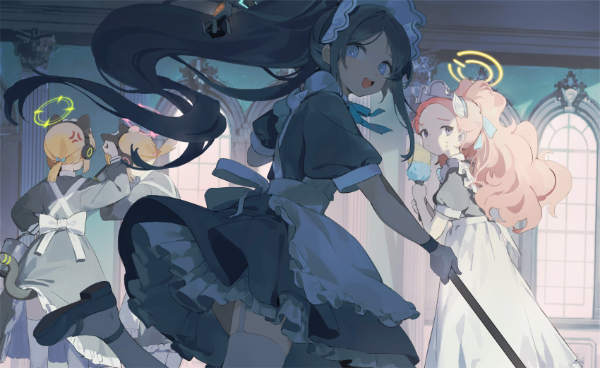4girls absurdly_long_hair absurdres anger_vein animal_ear_headphones animal_ears apron aris_(blue_archive) aris_(maid)_(blue_archive) black_dress black_footwear black_hair blonde_hair blue_archive blue_eyes cat_tail dress fake_animal_ears frilled_apron frilled_dress frills green_halo halo headphones highres long_hair maid maid_apron maid_headdress midori_(blue_archive) midori_(maid)_(blue_archive) momoi_(blue_archive) momoi_(maid)_(blue_archive) multiple_girls one_side_up pink_hair pink_halo puffy_short_sleeves puffy_sleeves sh_(562835932) shoes short_hair short_sleeves siblings sisters tail thighhighs twins very_long_hair white_apron white_thighhighs yellow_halo yuzu_(blue_archive) yuzu_(maid)_(blue_archive)