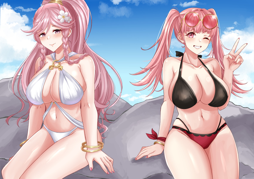 2girls absurdres alternate_breast_size alternate_costume bikini black_bikini blue_sky blush bracelet braid breasts closed_mouth collarbone commentary english_commentary eyewear_on_head fingernails fire_emblem fire_emblem:_three_houses fire_emblem_awakening flower grin hair_flower hair_ornament high_ponytail highres hilda_valentine_goneril jewelry large_breasts lips long_hair looking_at_viewer multiple_girls navel olivia_(fire_emblem) one_eye_closed outdoors pink_eyes pink_lips pink_nails rynn_(darknescorez) sitting sky smile stomach swimsuit twintails v very_long_hair white_bikini white_flower