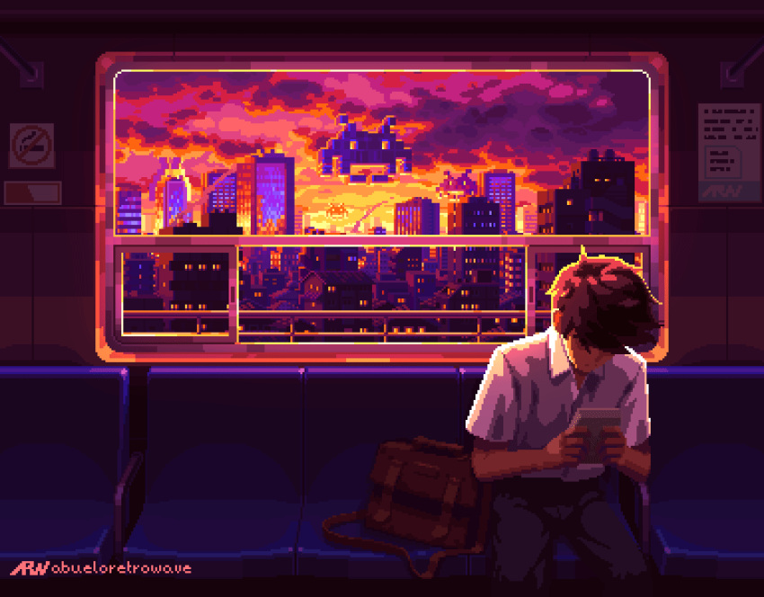 1boy abueloretrowave animated animated_gif bag black_pants brown_hair city game_boy handheld_game_console looking_down no_smoking orange_sky pants pixel_art purple_sky shirt short_hair short_sleeves sky smoke space space_invaders sunset train video_game white_shirt window