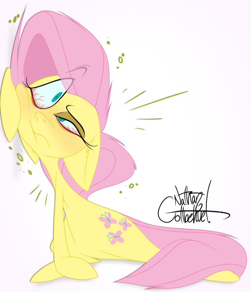 2023 artist_name black_text bloodshot_eyes colored cutie_mark digital_drawing_(artwork) digital_media_(artwork) equid equine feathers female feral fluttershy_(mlp) friendship_is_magic fur hair hasbro hi_res hooves horse mammal mane my_little_pony naturally_censored nude nude_female on_hind_legs pink_hair pink_mane pink_tail pony prick_ears quadruped signature silentjack simple_background sitting solo tail text tired unguligrade white_background yellow_body yellow_fur yellow_hooves