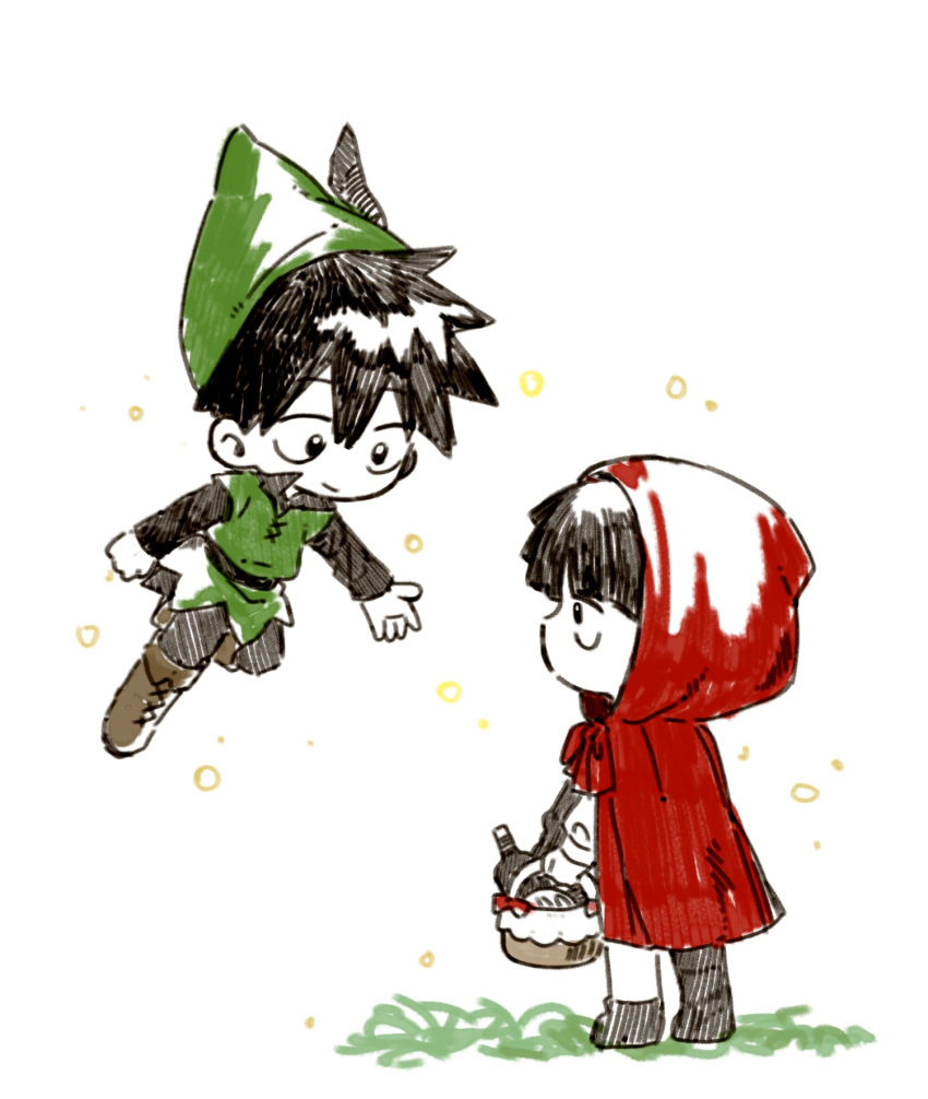 2boys alternate_costume basket black_eyes black_hair boots brothers cloak closed_mouth commentary cosplay floating full_body green_headwear highres holding holding_basket hood hood_up hooded_cloak kageyama_ritsu kageyama_shigeo little_red_riding_hood_(grimm) little_red_riding_hood_(grimm)_(cosplay) long_sleeves looking_at_another male_focus mob_psycho_100 multiple_boys pori_io red_cloak short_hair siblings simple_background standing symbol-only_commentary white_background