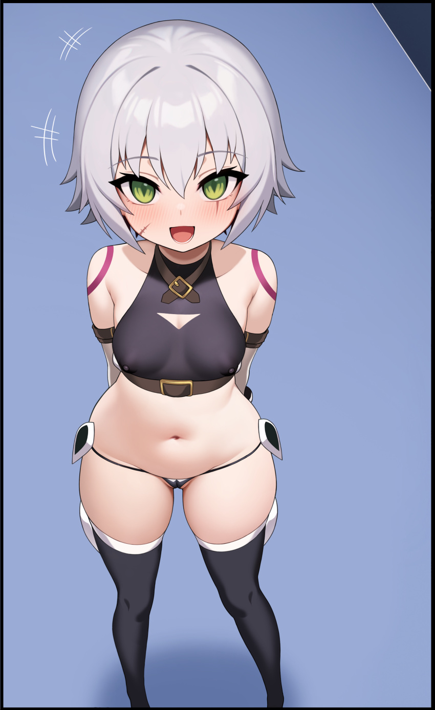 1girl absurdres bandaged_arm bandages bare_shoulders black_panties black_thighhighs black_vest breasts cropped_vest fate/apocrypha fate_(series) green_eyes grimgrim hair_between_eyes highres jack_the_ripper_(fate/apocrypha) looking_at_viewer navel open_mouth panties scar scar_across_eye scar_on_cheek scar_on_face short_hair shoulder_tattoo small_breasts smile solo tattoo thighhighs thighs underwear vest white_hair