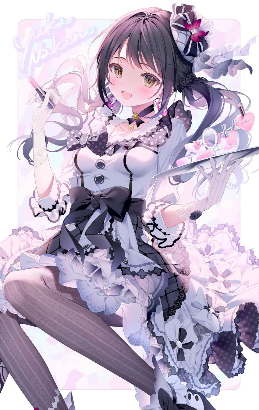 1girl black_hair blush bow character_name choker cosmetics dress earrings frilled_dress frills gloves hair_bow hair_ornament highres holding holding_lipstick_tube holding_tray idolmaster idolmaster_cinderella_girls idolmaster_cinderella_girls_starlight_stage jewelry lipstick lipstick_tube looking_at_viewer makeup mnimni nakano_yuka open_mouth pantyhose ribbon smile tray white_dress yellow_eyes