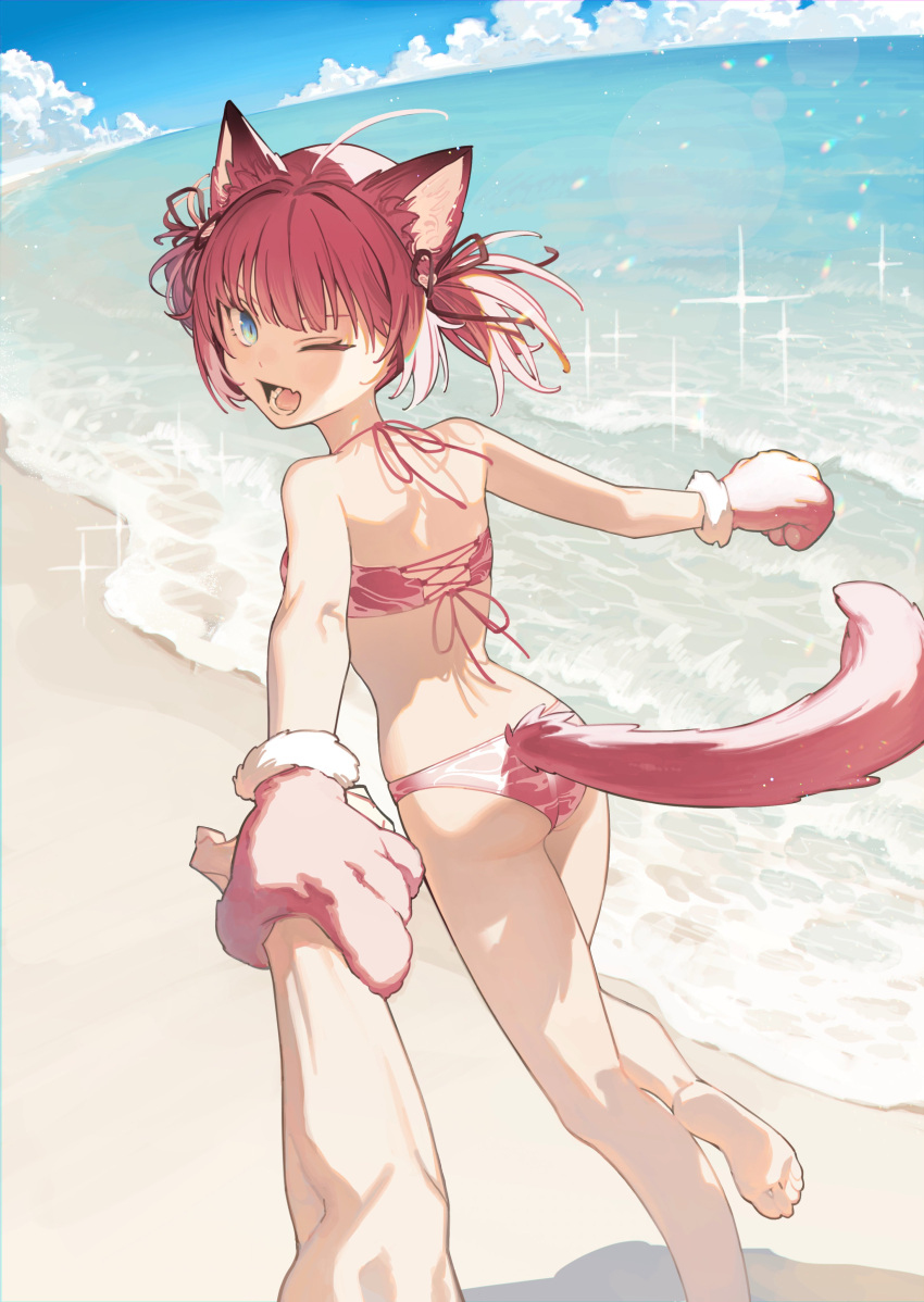 1boy 1girl absurdres animal_ear_fluff animal_ears animal_hands ass barefoot beach bikini black_ribbon blue_eyes character_request copyright_request fang feet foot_out_of_frame gloves hair_ribbon highres holding_another's_wrist legs lower_teeth_only medium_hair one_eye_closed outdoors paw_gloves pink_bikini pink_gloves pink_tail pov ribbon skin_fang soles sparkle swimsuit tail teeth toes unti_no_azi water