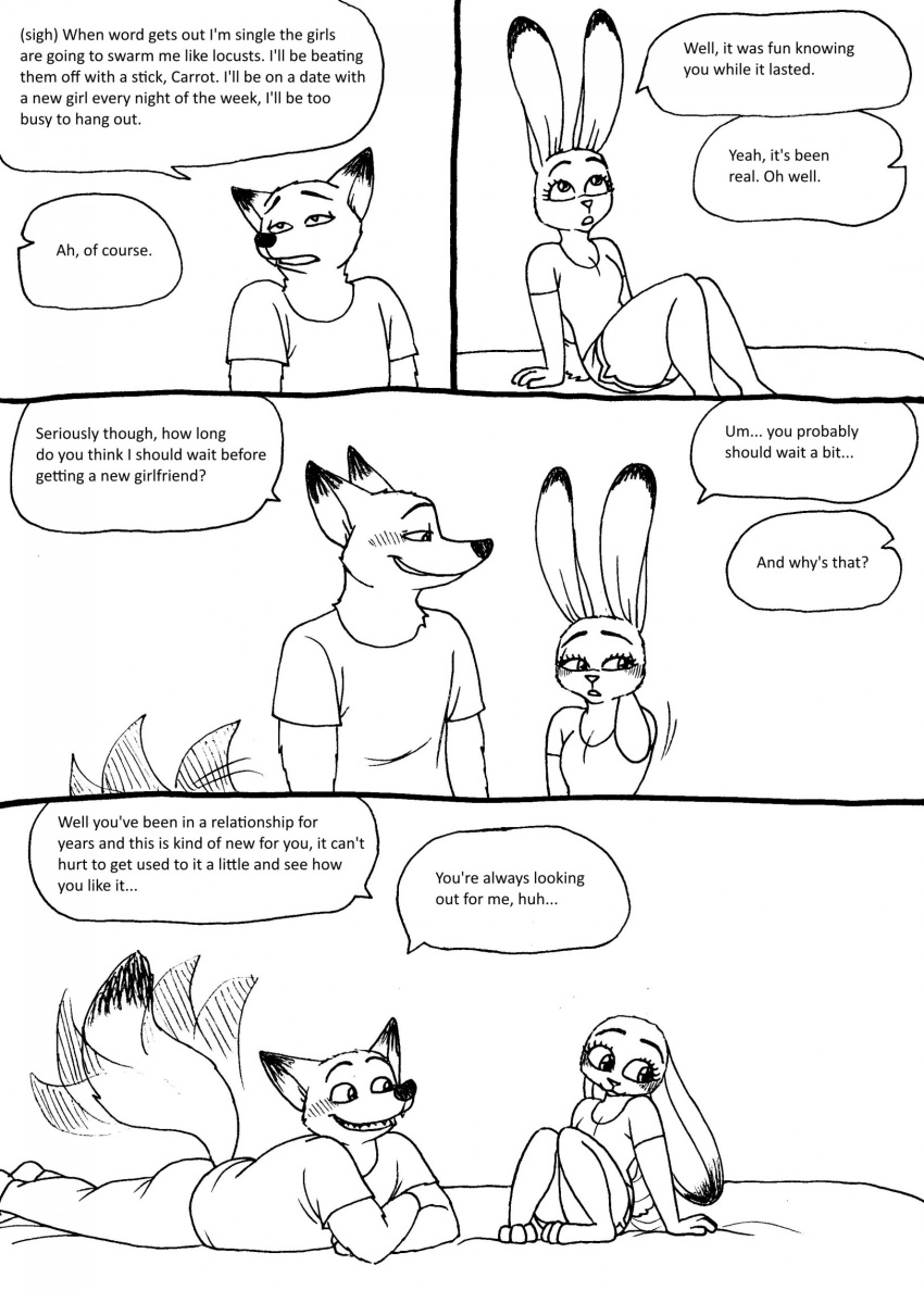 2023 4_toes 5_fingers anthro barefoot bernielover bernielover's_college_au blush breasts canid canine claws clothed clothing comic dialogue disney duo english_text fangs feet female fingers fox fur grin hi_res judy_hopps lagomorph leporid lying male male/female mammal monochrome nick_wilde on_front rabbit red_fox shirt sitting smile speech_bubble t-shirt tail tail_motion tailwag teeth text toes topwear zootopia