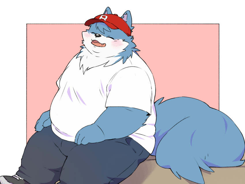 2023 anthro belly big_belly blue_body blush bottomwear canid canine canis clothing domestic_dog eyes_closed hat headgear headwear hi_res inunoshippo kemono male mammal overweight overweight_male pants shirt simple_background sitting solo topwear vtuber white_body