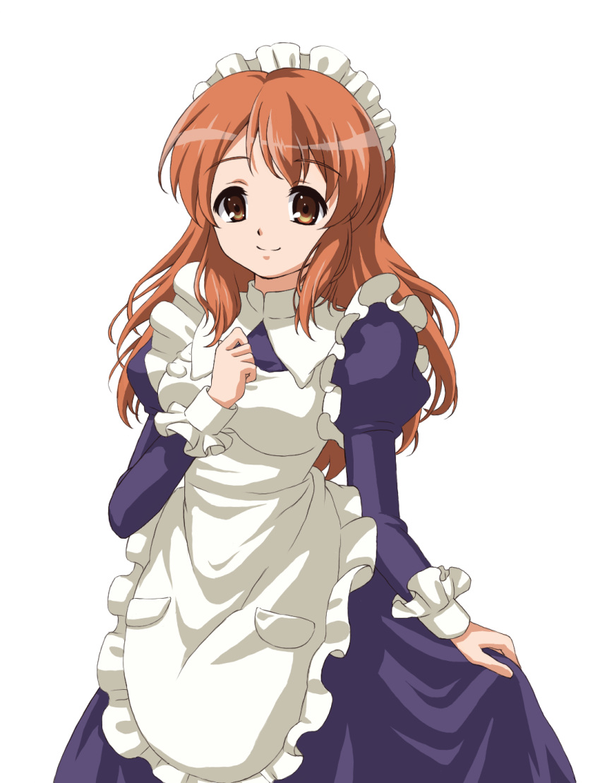 1girl apron asahina_mikuru ayuyu0821 brown_eyes closed_mouth commentary_request cowboy_shot dress highres long_hair long_sleeves looking_at_viewer maid maid_apron maid_headdress official_alternate_costume orange_hair puffy_long_sleeves puffy_sleeves purple_dress simple_background smile solo standing suzumiya_haruhi_no_yuuutsu white_background