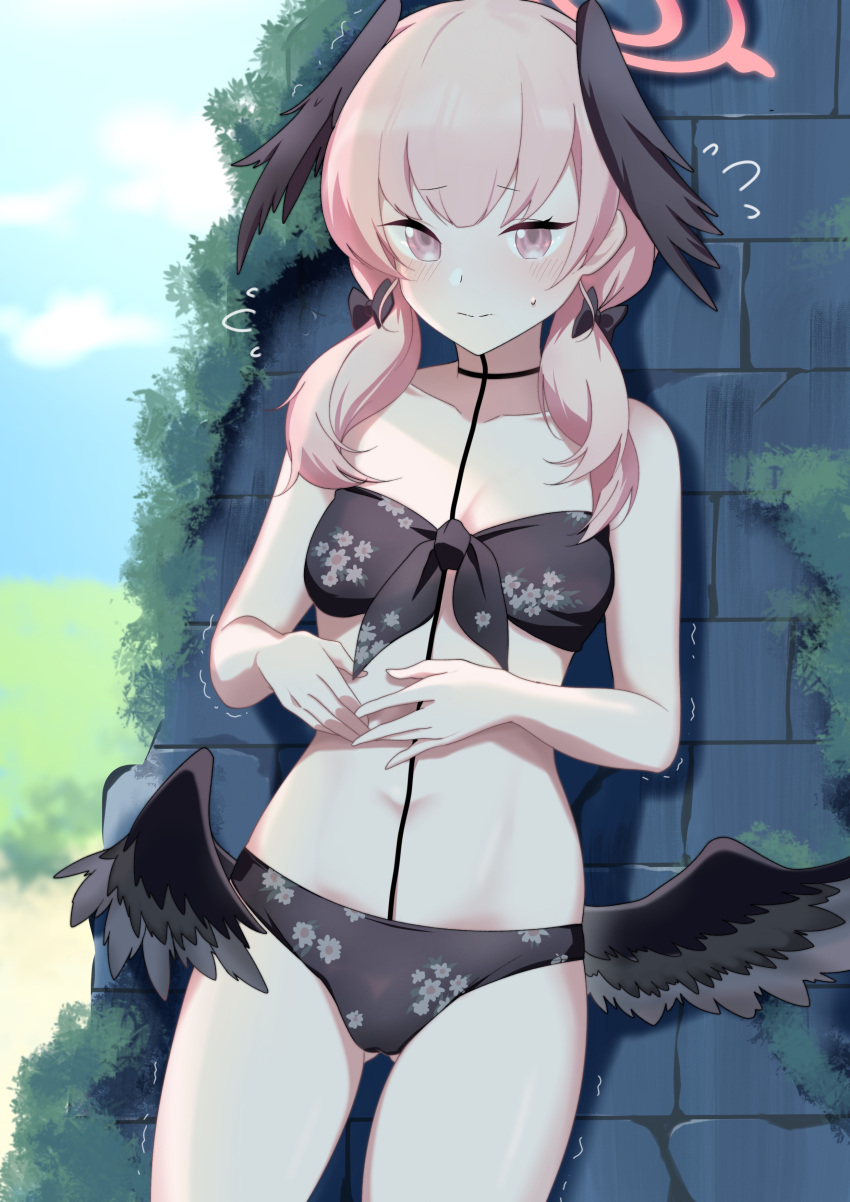 1girl absurdres bare_shoulders bikini black_bikini black_wings blue_archive blue_sky blush bow breasts brick_wall closed_mouth collarbone feathered_wings hair_bow halo head_wings highres koharu_(blue_archive) koharu_(swimsuit)_(blue_archive) long_hair looking_at_viewer low_twintails low_wings oxygen_mask_(oxygenmask233) pink_eyes pink_hair sky small_breasts solo spaghetti_strap swimsuit thighs twintails wings