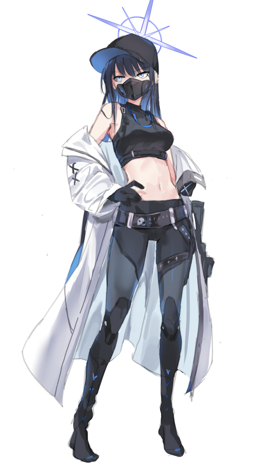 1girl absurdres assault_rifle bare_shoulders baseball_cap belt black_gloves black_hair blue_archive blue_eyes blue_hair breasts coat contrapposto duplicate full_body gloves gun halo hand_on_own_hip hat highres holding holding_gun holding_weapon long_hair mask medium_breasts midriff mouth_mask multicolored_hair navel off_shoulder pixel-perfect_duplicate rifle saori_(blue_archive) sig_516 sig_sauer simple_background sketch sleeveless solo standing stomach thigh_gap toshizou_(0714) tsurime two-tone_hair very_long_hair weapon white_background white_coat