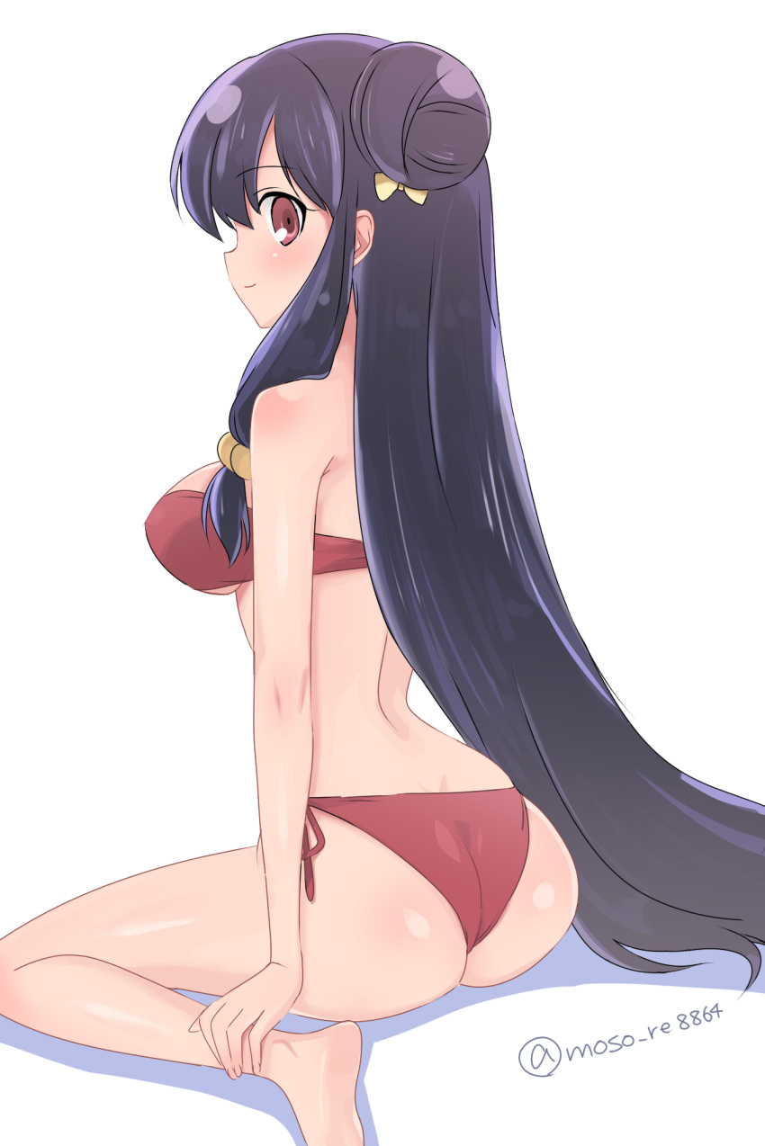 1girl ass barefoot bikini black_hair breasts double_bun from_behind hair_bobbles hair_bun hair_ornament highres long_hair looking_at_viewer medium_breasts ranma_1/2 red_bikini red_eyes remoso shampoo_(ranma_1/2) side-tie_bikini_bottom simple_background sitting solo swimsuit twitter_username wariza white_background