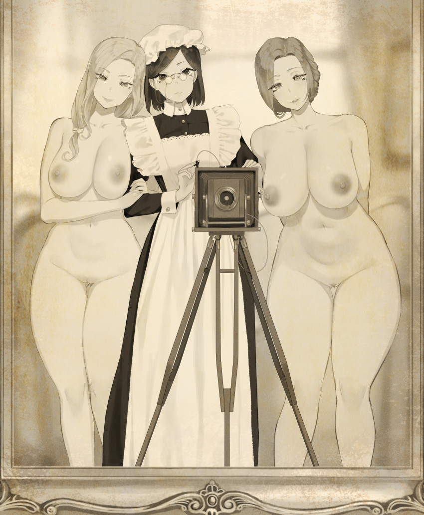 3girls apron arms_behind_back black_dress breasts camera closed_mouth completely_nude dress glass grabbing_another's_arm highres large_breasts long_hair long_sleeves looking_at_mirror looking_at_viewer maid maid_apron maid_headdress medium_hair mirror monochrome multiple_girls nipples nude old-fashioned original photo_(medium) pussy smile standing throtem