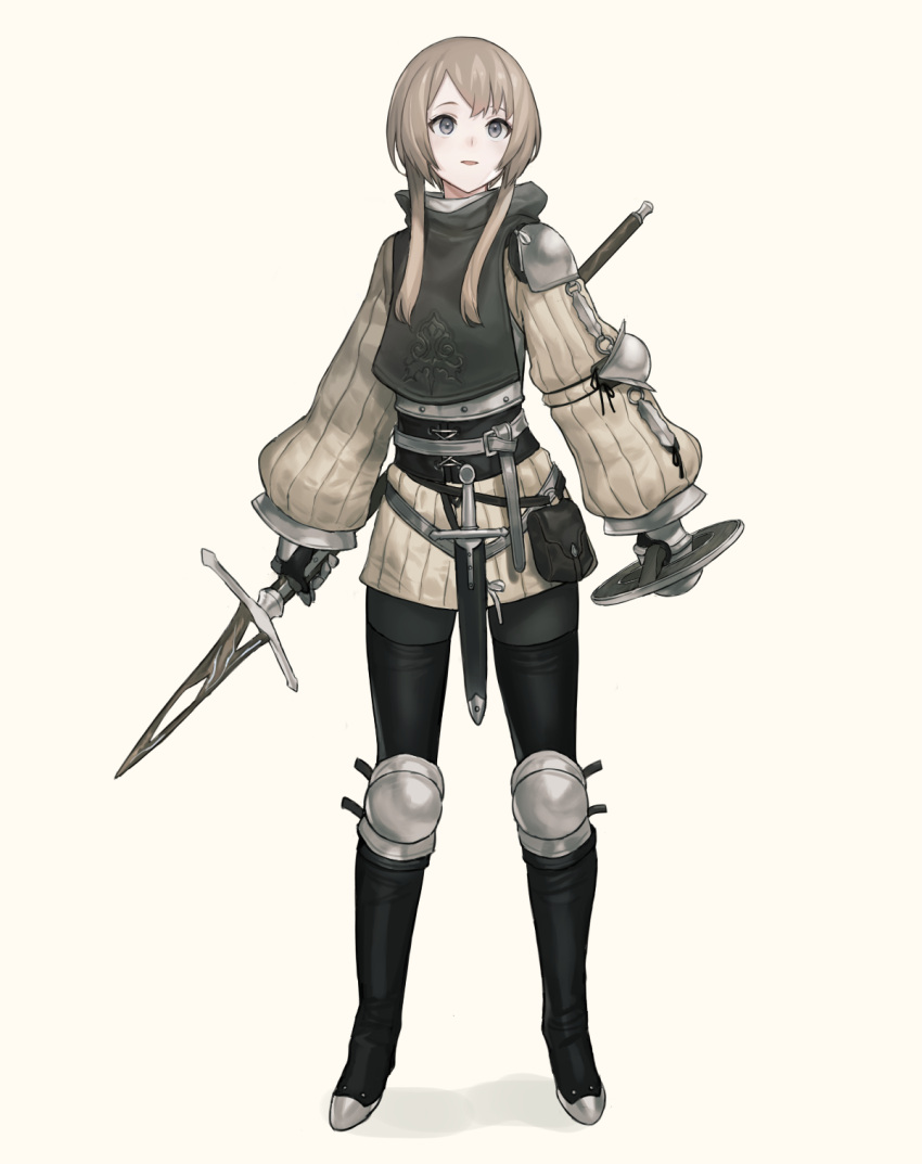 1girl armor belt brown_hair buckler elbow_pads fantasy full_body grey_eyes highres holding holding_polearm holding_shield holding_weapon km_yama knee_pads long_hair long_sleeves open_mouth original pauldrons polearm pouch sheath shield short_hair_with_long_locks short_sword shoulder_armor sidelocks simple_background single_elbow_pad single_pauldron solo standing sword weapon white_background