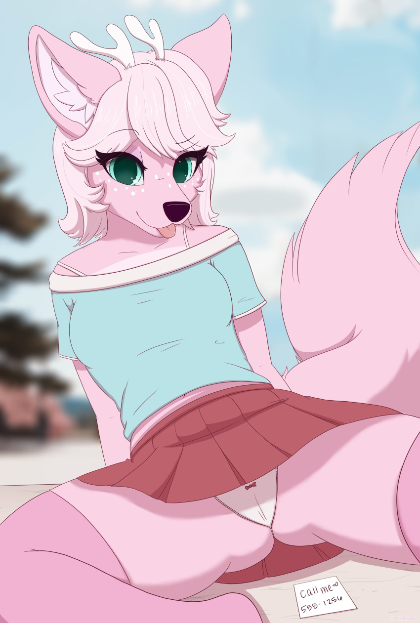 absurd_res anthro antlers artmarshmallow blep bottomwear bow_(feature) bow_accessory bow_panties bow_underwear camel_toe canid canine clothing deer exposed_panties female fox freckles fur hi_res horn hybrid mammal marshmallow_fluff_(character) panties pink_body pink_fur public shirt skirt solo spread_legs spreading text tongue tongue_out topwear underwear white_clothing white_panties white_underwear