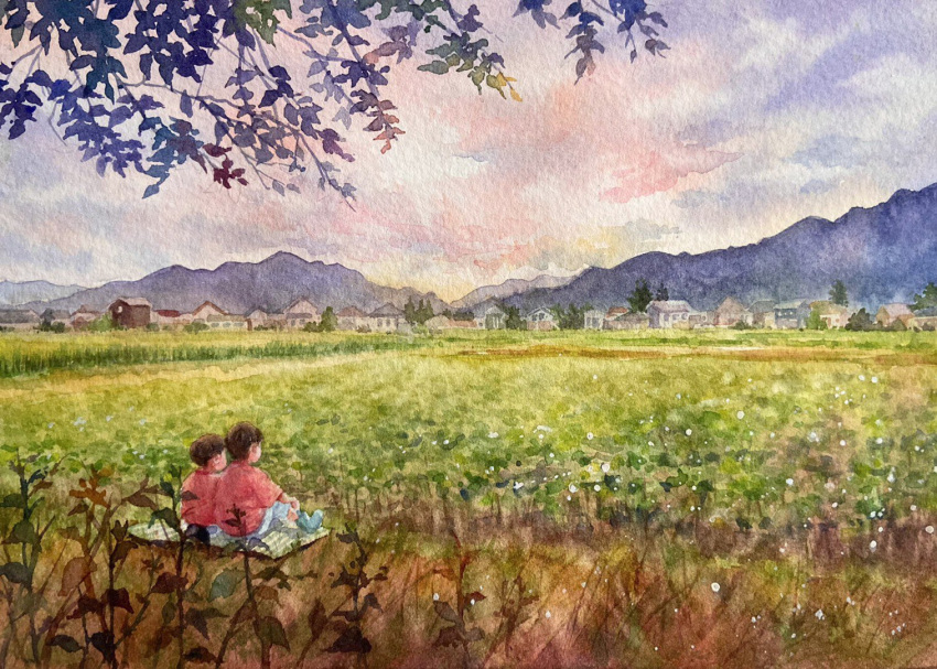 2boys blue_sky building day mountainous_horizon multiple_boys ooy33151086 original painting_(medium) rural sky town traditional_media tree village watercolor_(medium)