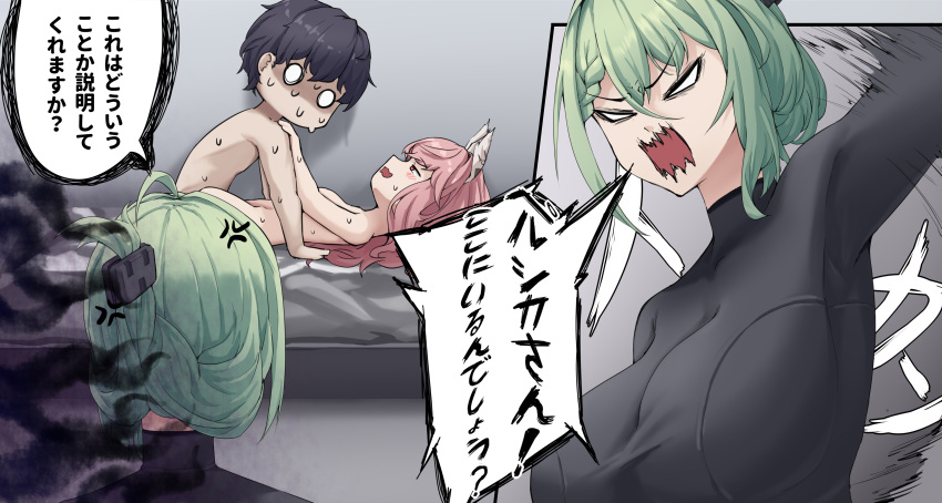 1boy 2girls absurdres anger_vein angry animal_ears black_hair breasts caught completely_nude de_lacey_(neural_cloud) enin fake_animal_ears girls'_frontline girls'_frontline_neural_cloud green_hair hetero highres large_breasts long_hair long_sleeves male_professor_(neural_cloud) multiple_girls nervous_sweating no_pupils nude o_o persicaria_(neural_cloud) pink_hair professor_(neural_cloud) sex sweat