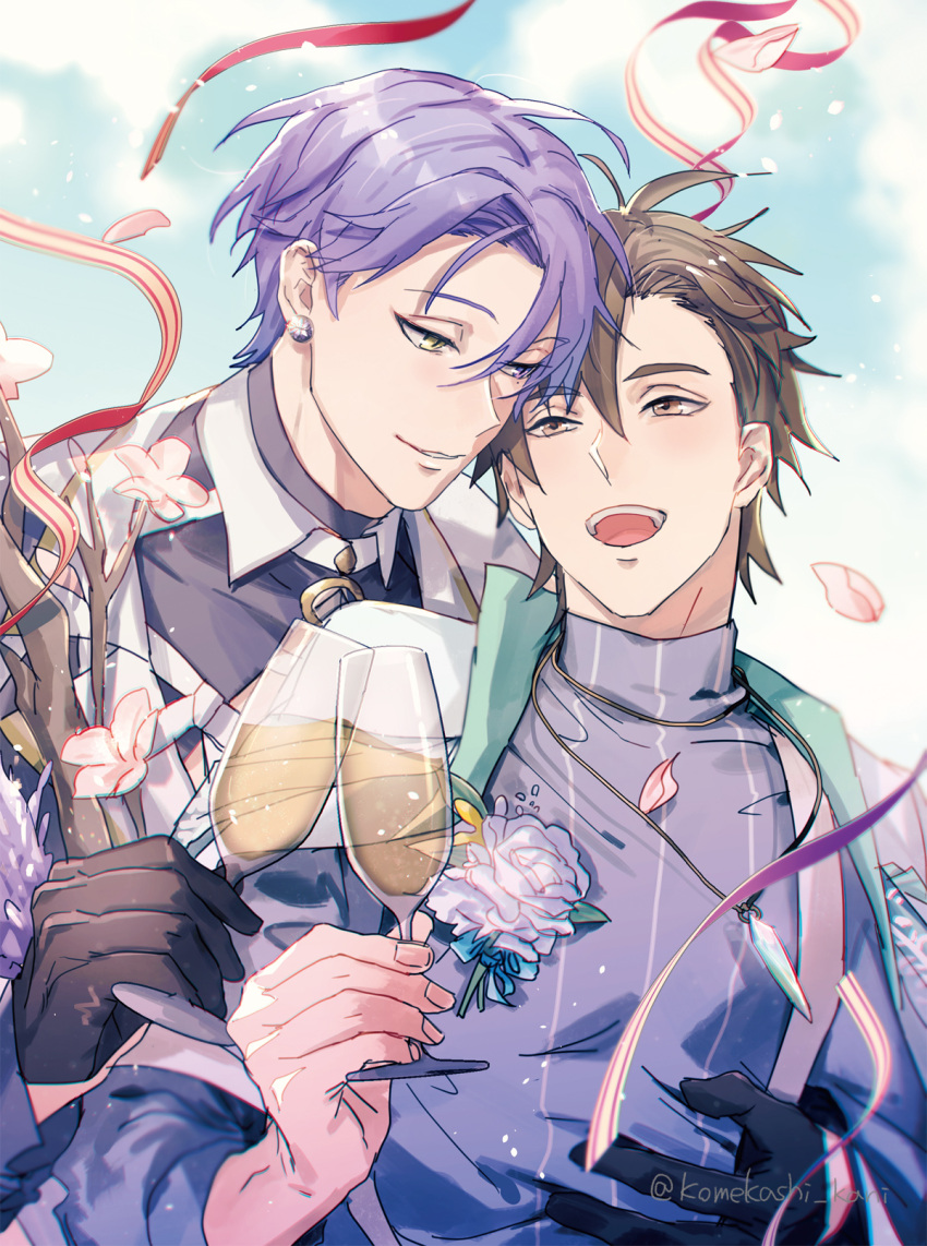 2boys alcohol bishounen black_gloves brown_eyes brown_hair champagne champagne_flute cup drinking_glass earrings gem gloves heterochromia highres holding holding_cup hug hug_from_behind jewelry komekashi_kani kuya_(nu_carnival) long_sleeves looking_at_another male_focus mole mole_under_eye multiple_boys nu_carnival petals purple_eyes purple_hair red_ribbon ribbon rose_petals short_hair smile yaoi yellow_eyes