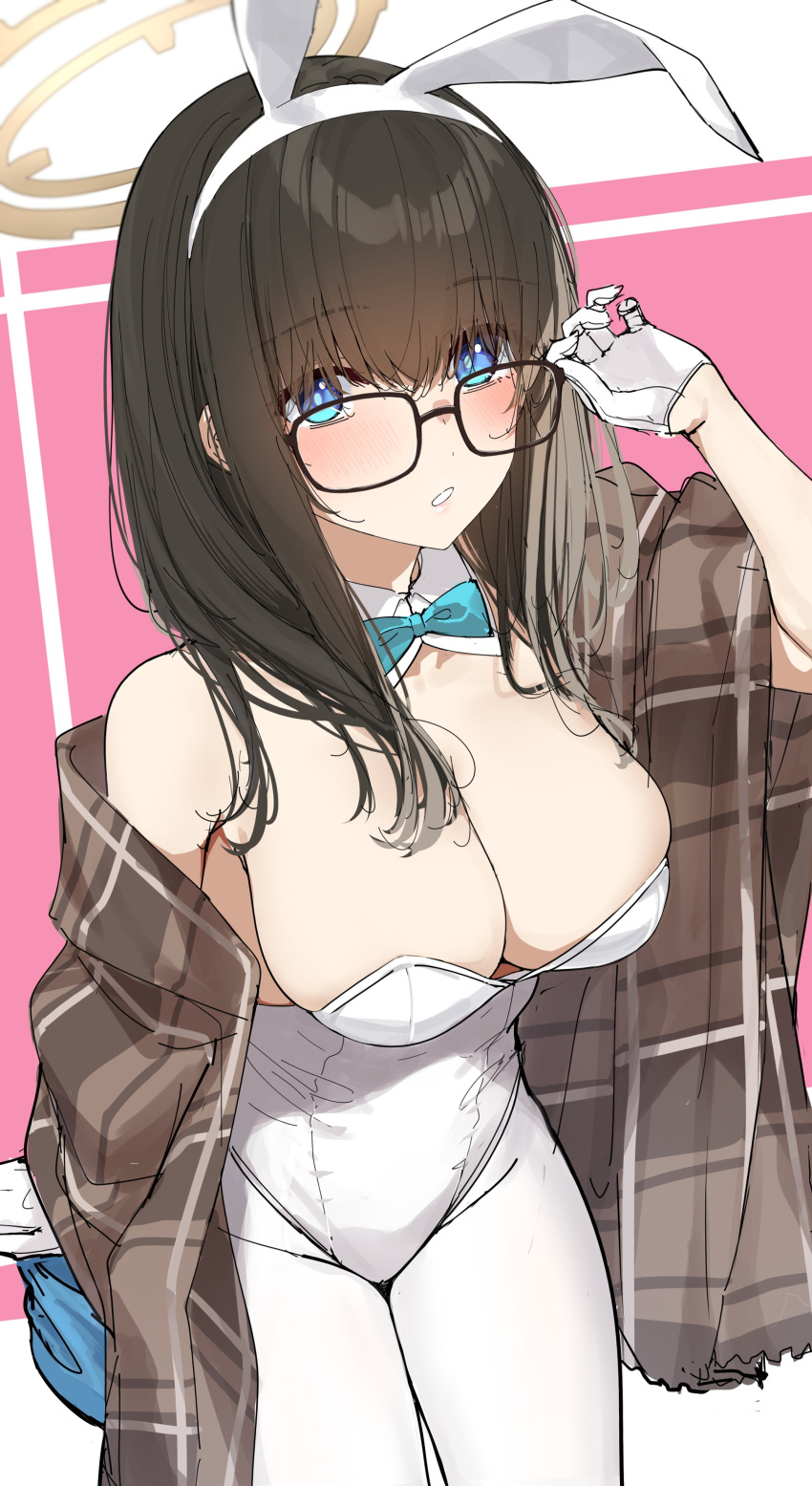 1girl absurdres adjusting_eyewear akane_(blue_archive) akane_(blue_archive)_(cosplay) akane_(bunny)_(blue_archive) animal_ears black_hair blue_archive blue_bow blue_bowtie blue_eyes bow bowtie breasts cleavage cosplay detached_collar glasses gloves go-1 halo highres idolmaster idolmaster_cinderella_girls large_breasts leotard plaid playboy_bunny rabbit_ears sagisawa_fumika white_gloves white_leotard