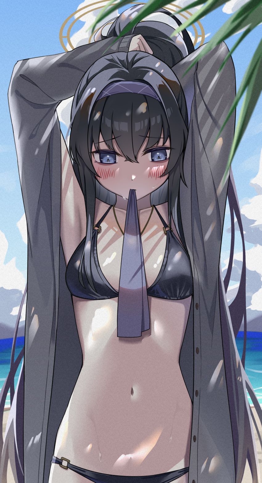 1girl absurdres adjusting_hair beach bikini black_bikini black_hair blue_archive blush breasts day grey_jacket hair_between_eyes hairband halo highres jacket long_hair long_sleeves mizumok1 mouth_hold navel ocean official_alternate_costume open_clothes open_jacket outdoors purple_eyes purple_hairband small_breasts solo swimsuit ui_(blue_archive) ui_(swimsuit)_(blue_archive) upper_body