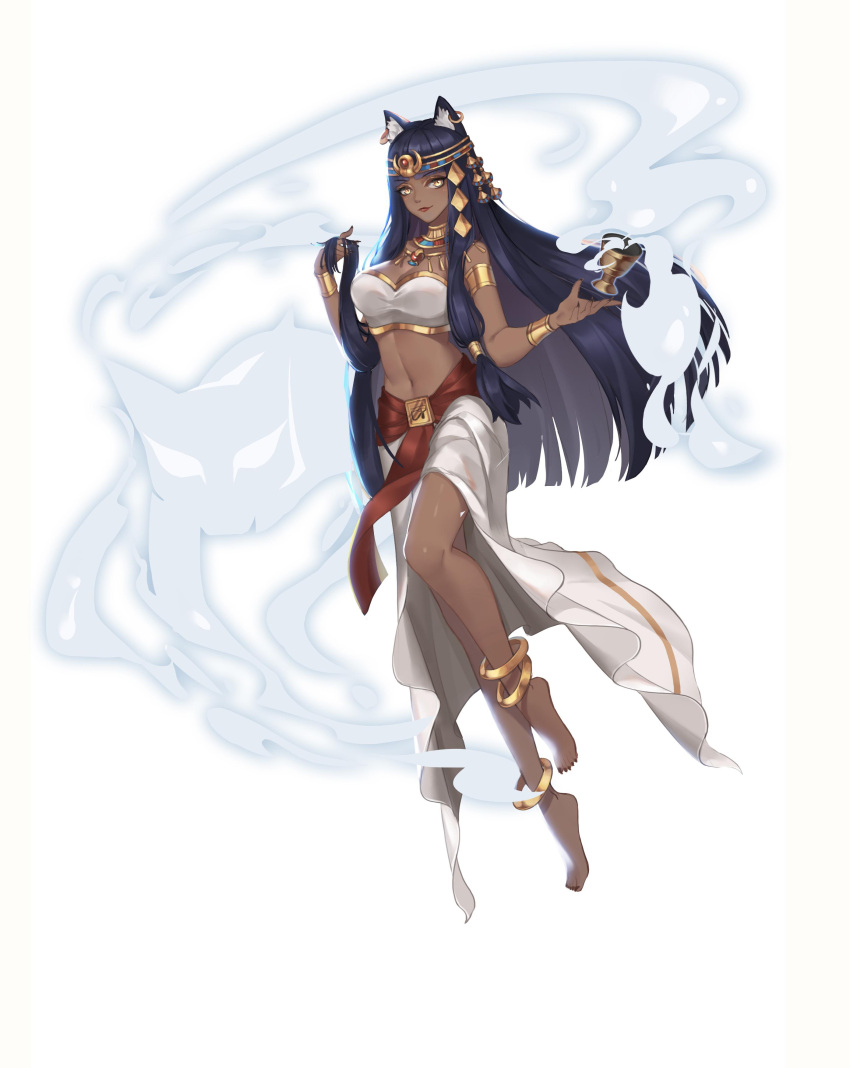 1girl absurdres animal_ear_fluff animal_ears anklet armlet barefoot black_hair blunt_bangs breasts cat_ears circlet cleavage cup dark-skinned_female dark_skin earrings egyptian egyptian_clothes eye_of_horus full_body hair_ornament hands_up hello_kiki highres holding holding_cup holding_hair jewelry large_breasts long_hair long_skirt navel original personification skirt smoke solo standing standing_on_one_leg stomach strapless tiptoes tube_top usekh_collar very_long_hair white_background white_skirt white_tube_top wristlet