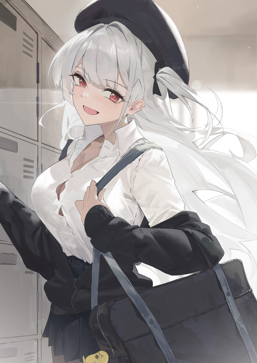 1girl :d absurdres azur_lane bag beret black_headwear black_ribbon breasts button_gap cleavage collarbone collared_shirt commentary hair_ribbon hat highres lemoneko long_hair looking_at_viewer manjuu_(azur_lane) medium_breasts official_alternate_costume one_side_up open_mouth red_eyes ribbon school_bag school_uniform scylla_(azur_lane) scylla_(femme_fatale_fresher)_(azur_lane) shirt smile solo symbol-only_commentary white_hair white_shirt
